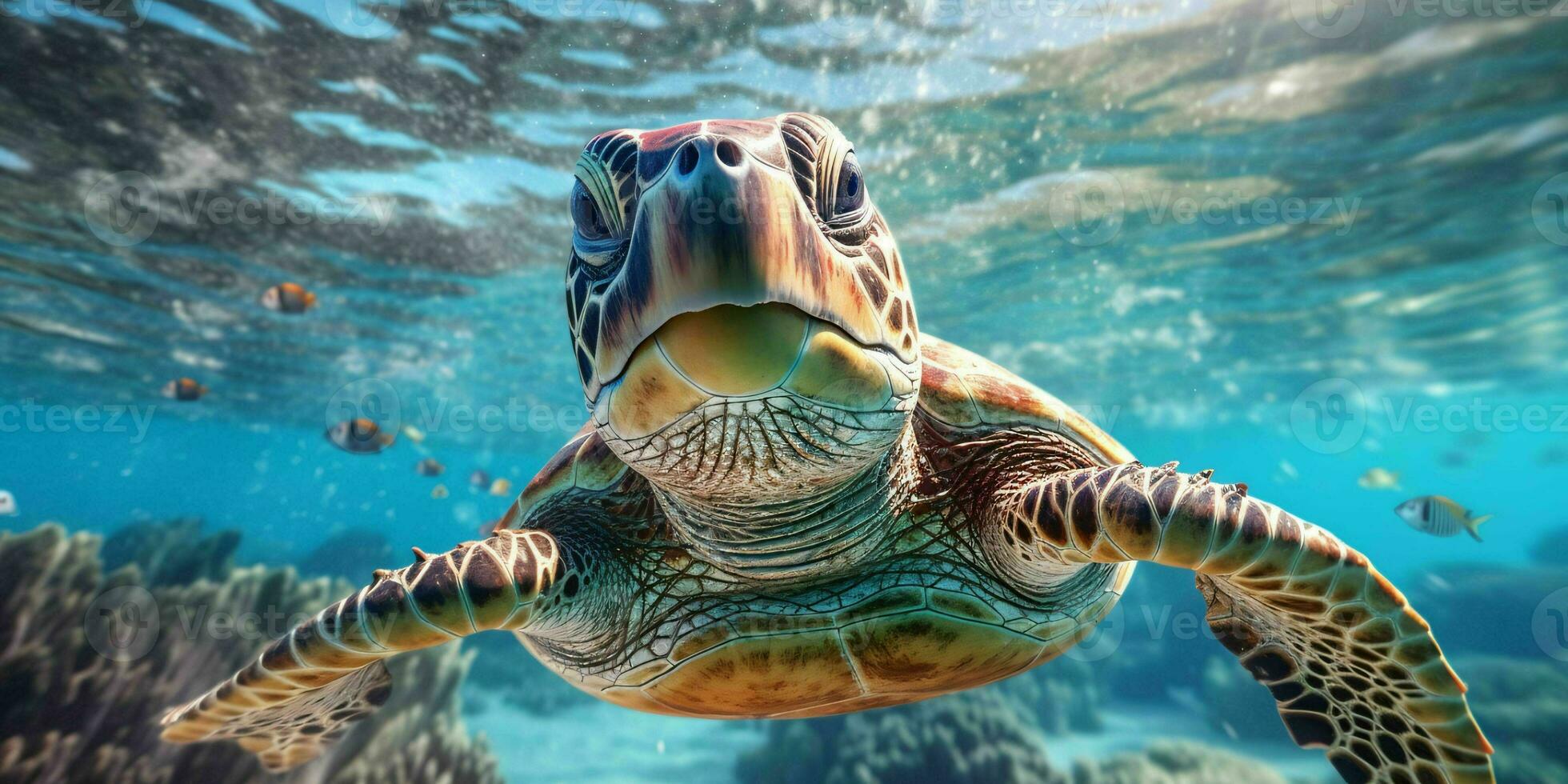 AI generated Portrait of a Sea Turtle Swimming in the Sea. Generative AI photo