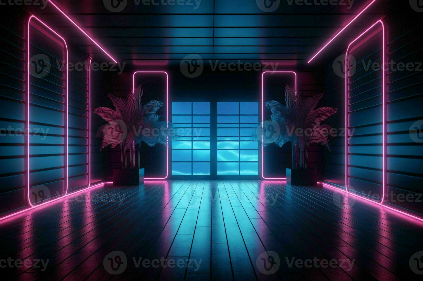 AI generated Modern Dark Room with Glowing Neon Lines with Retro 80s Style. Futuristic Interior with Laser Effect. Generative AI photo