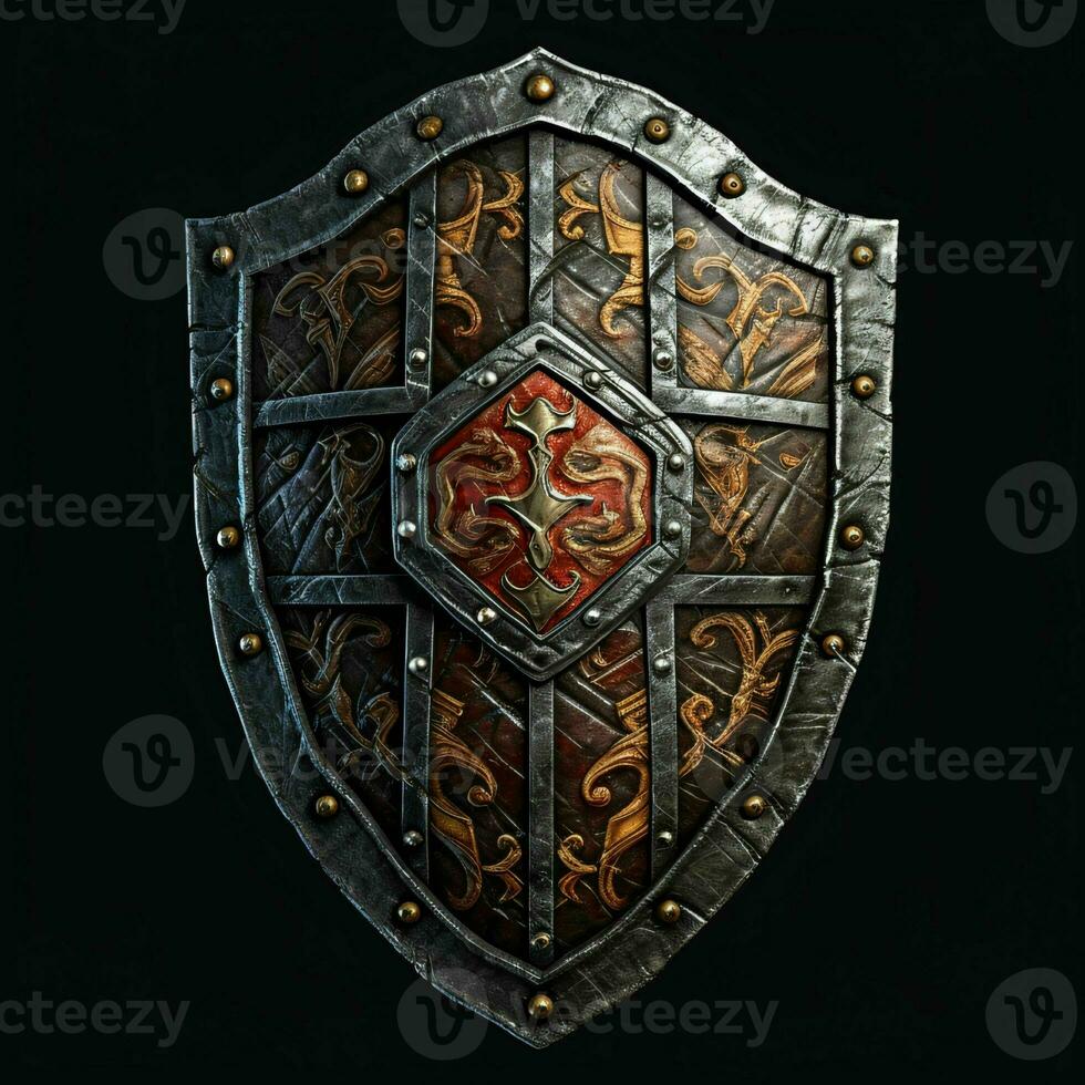 AI generated Rusty Medieval Shield with War Torn Effect Isolated on Black Background. Generative AI photo