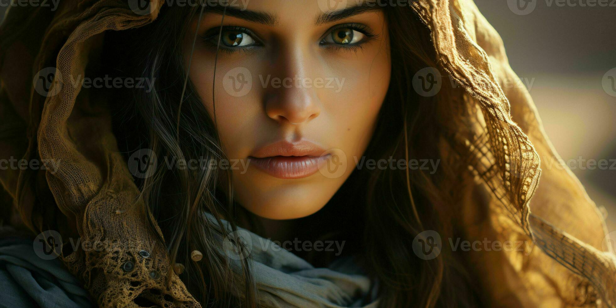 ai generado retrato de hermosa velado árabe mujer con Desierto antecedentes. cerca arriba de medio oriental mujer con hermosa ojos. generativo ai foto