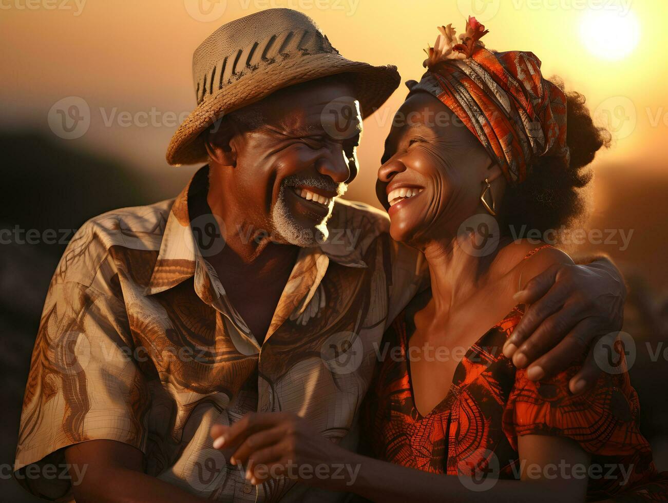 AI generated Romantic Elderly African Couple Embracing Each Other with Sunset View. Generative Ai photo