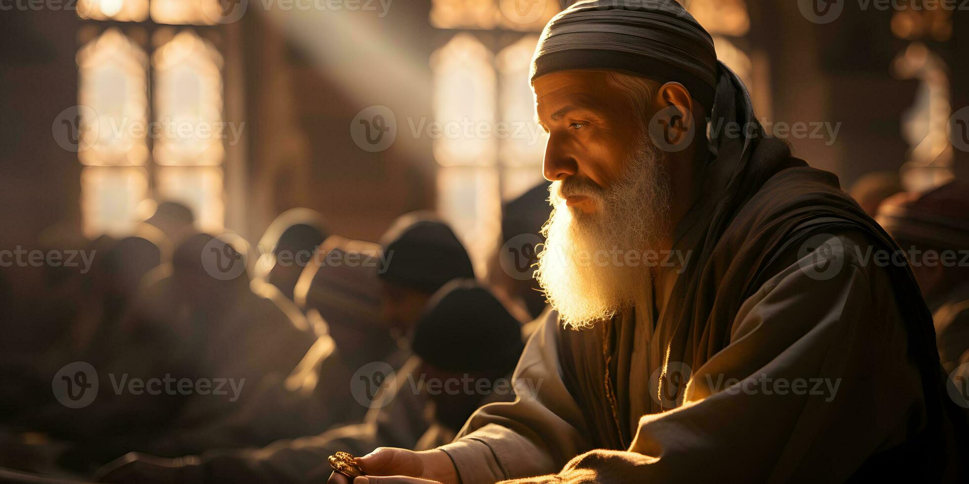 AI generated Islamic Imam Conducts a Sermon at the Mosque. Muslim Imam Preaching to the People in the Mosque. Generative Ai photo