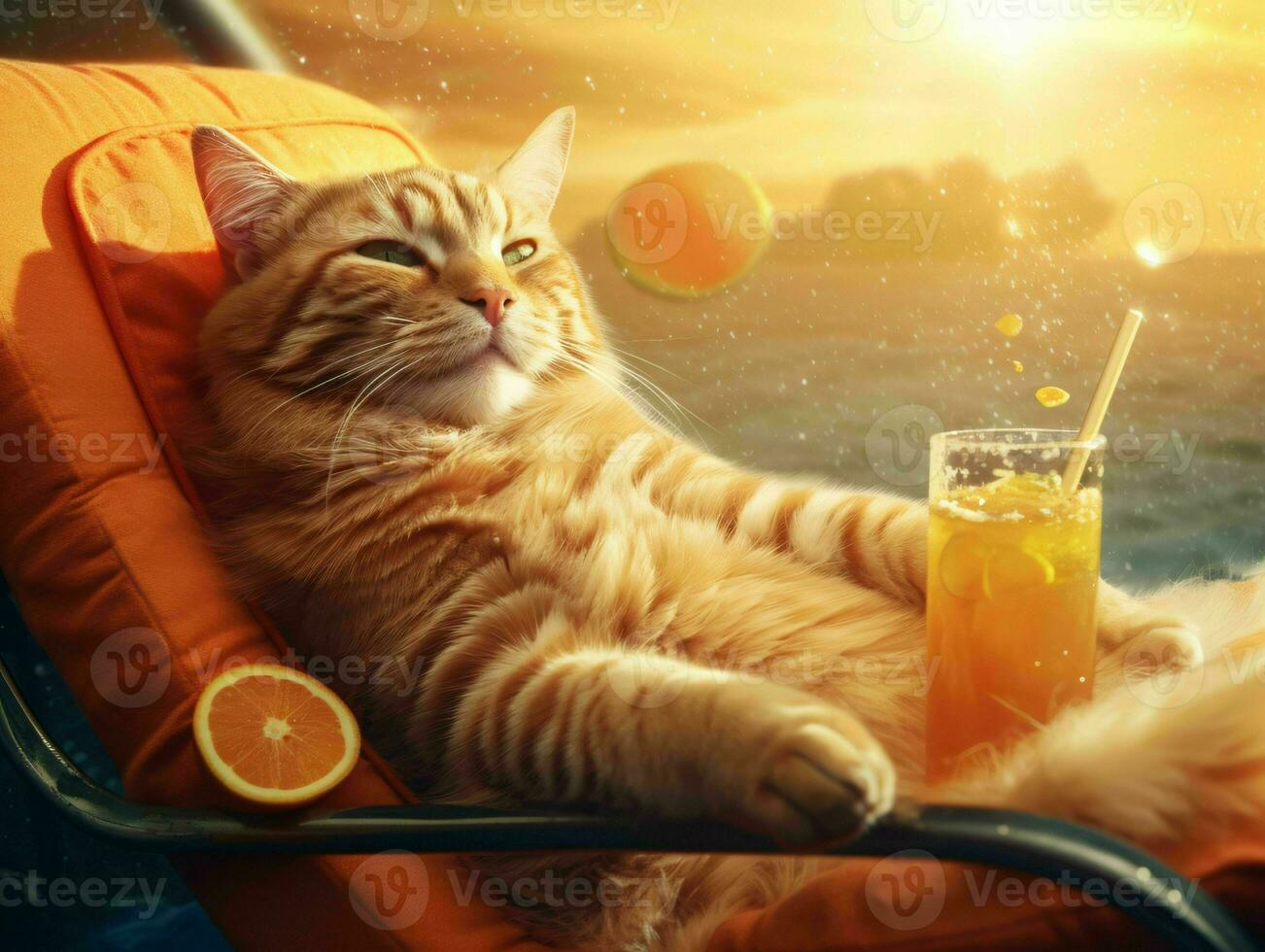 AI generated Orange Cat Chilling and Lying on a Sun Lounger Enjoying Orange Juice with Sunshine. Generative AI photo