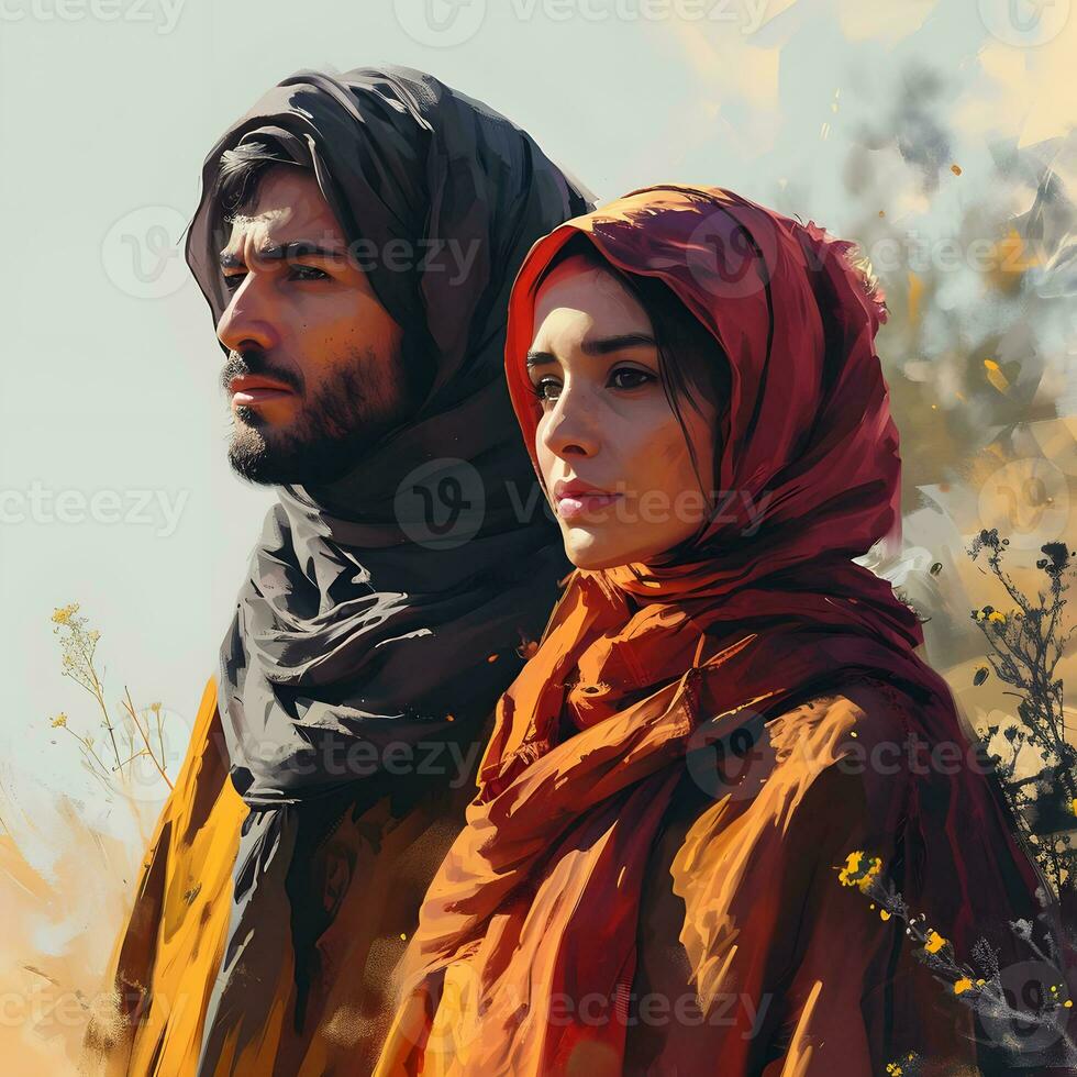 AI generated Portrait of a Middle Eastern Muslim Couple in Traditional Dress. Generative Ai photo