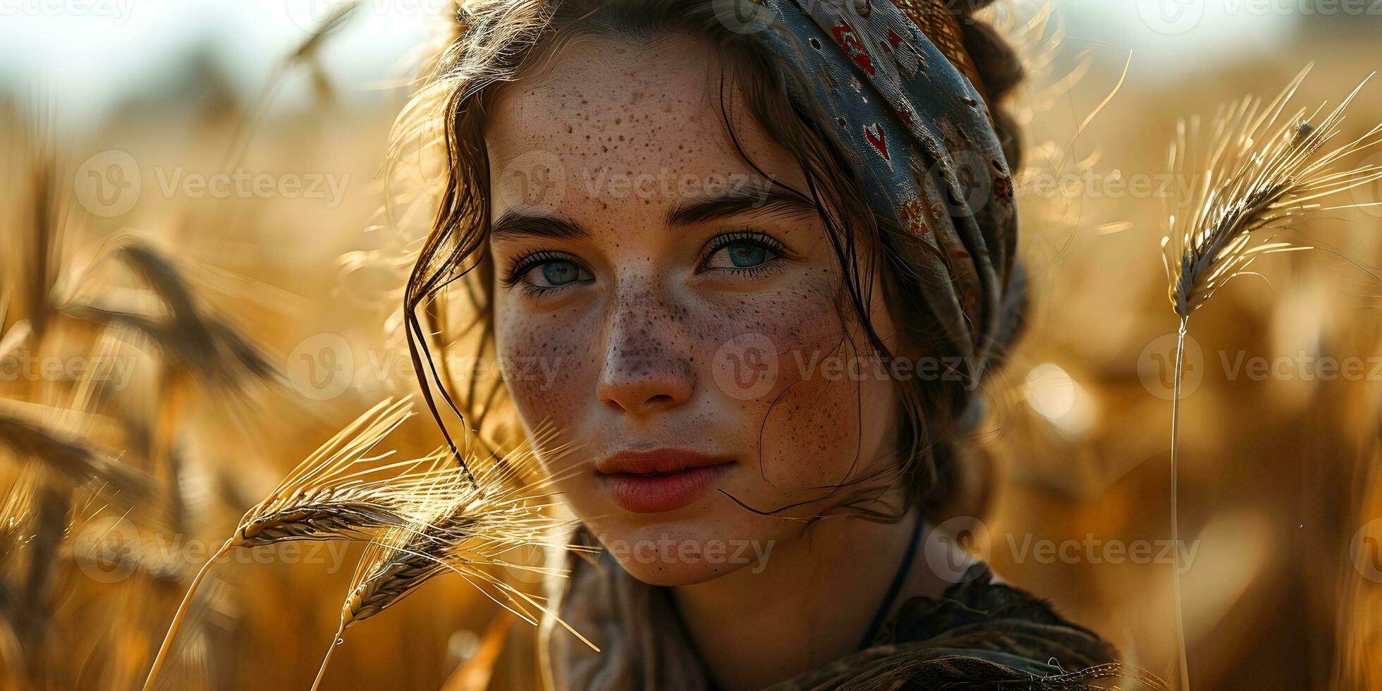 AI generated Beautiful Middle Eastern Woman with Freckled Face, Wearing Headscarf in Wheat Field with Glowing Sunlight Effect. Generative Ai photo