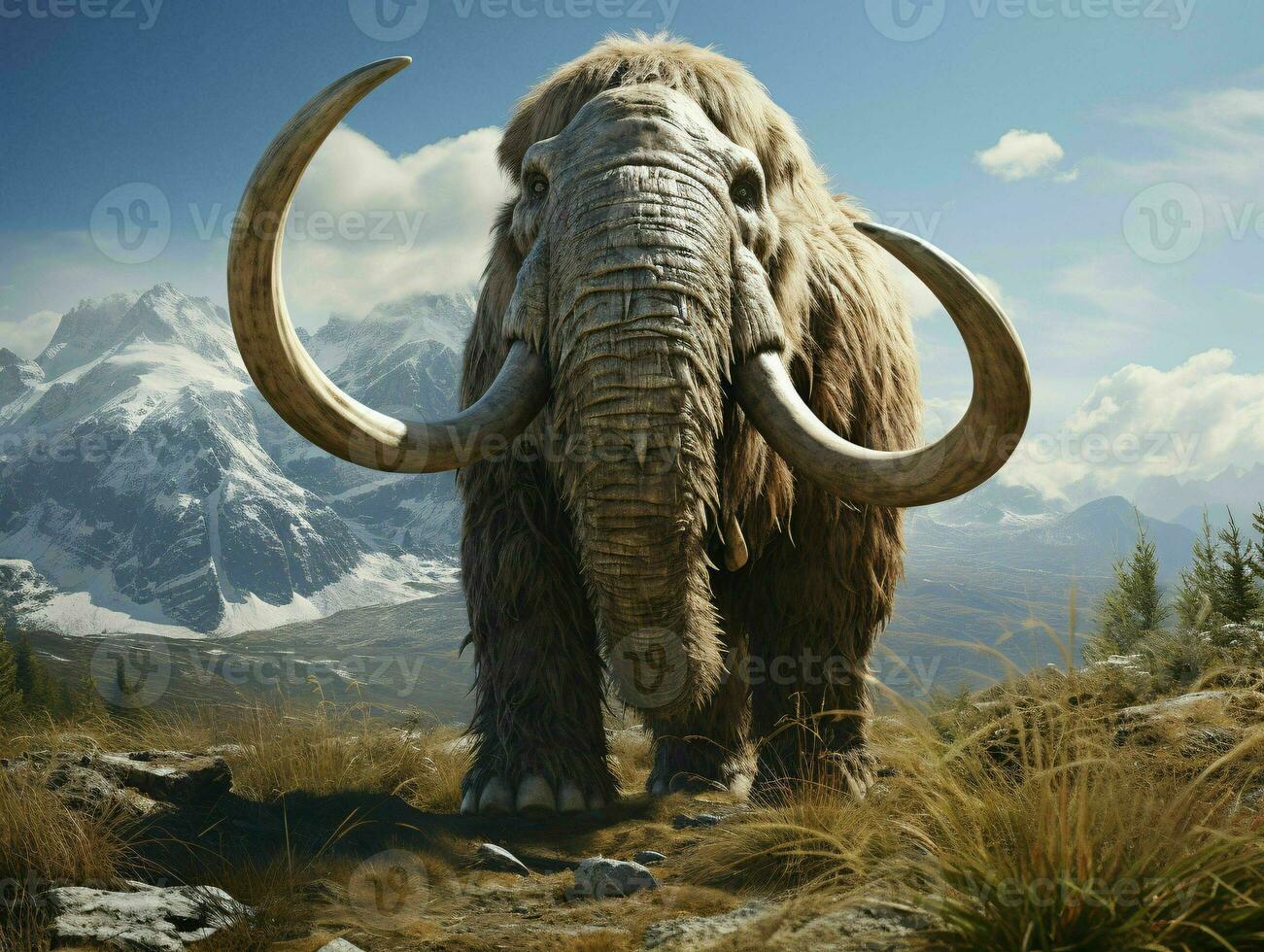 AI generated A Woolly Mammoth with Vast Pastures and Mountains Background. Generative AI photo