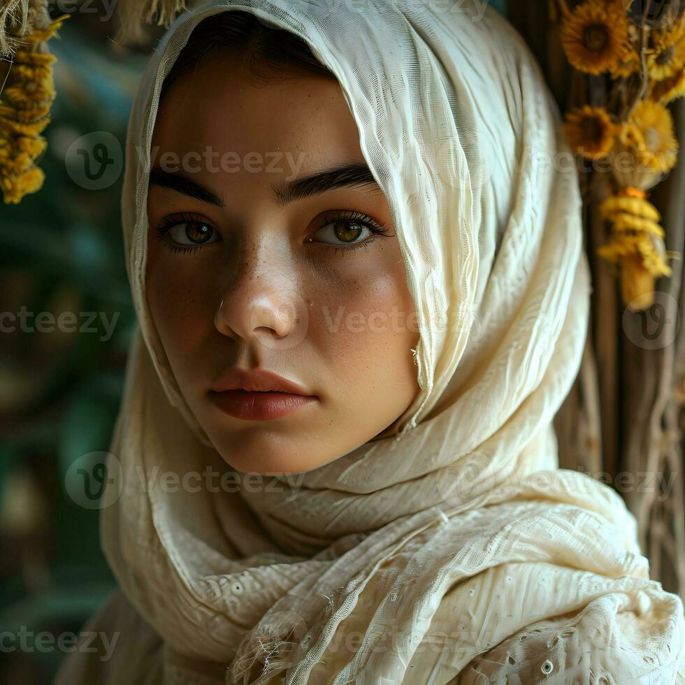 ai generado retrato de un hermosa y exótico joven musulmán mujer con blanco hiyab generativo ai foto