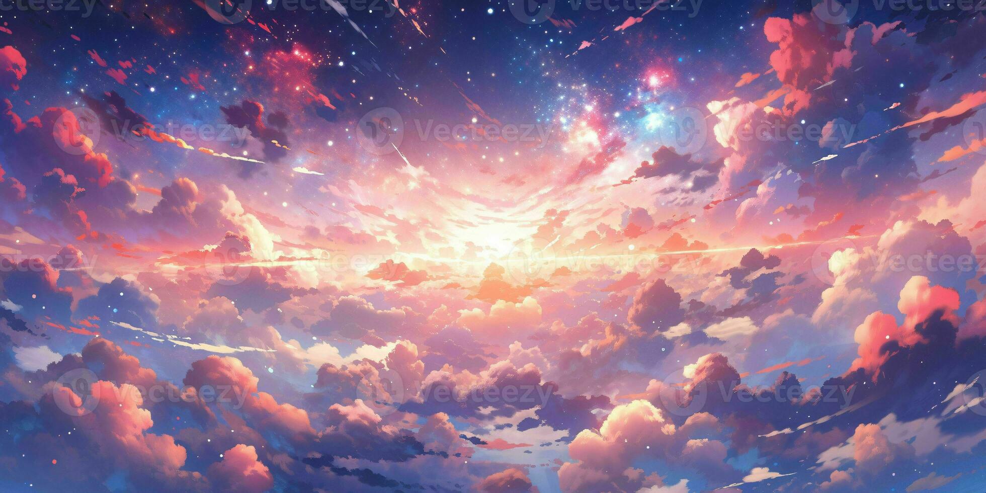 AI generated Colorful Starry Sky with Sunset Background in Anime Style. Generative AI photo