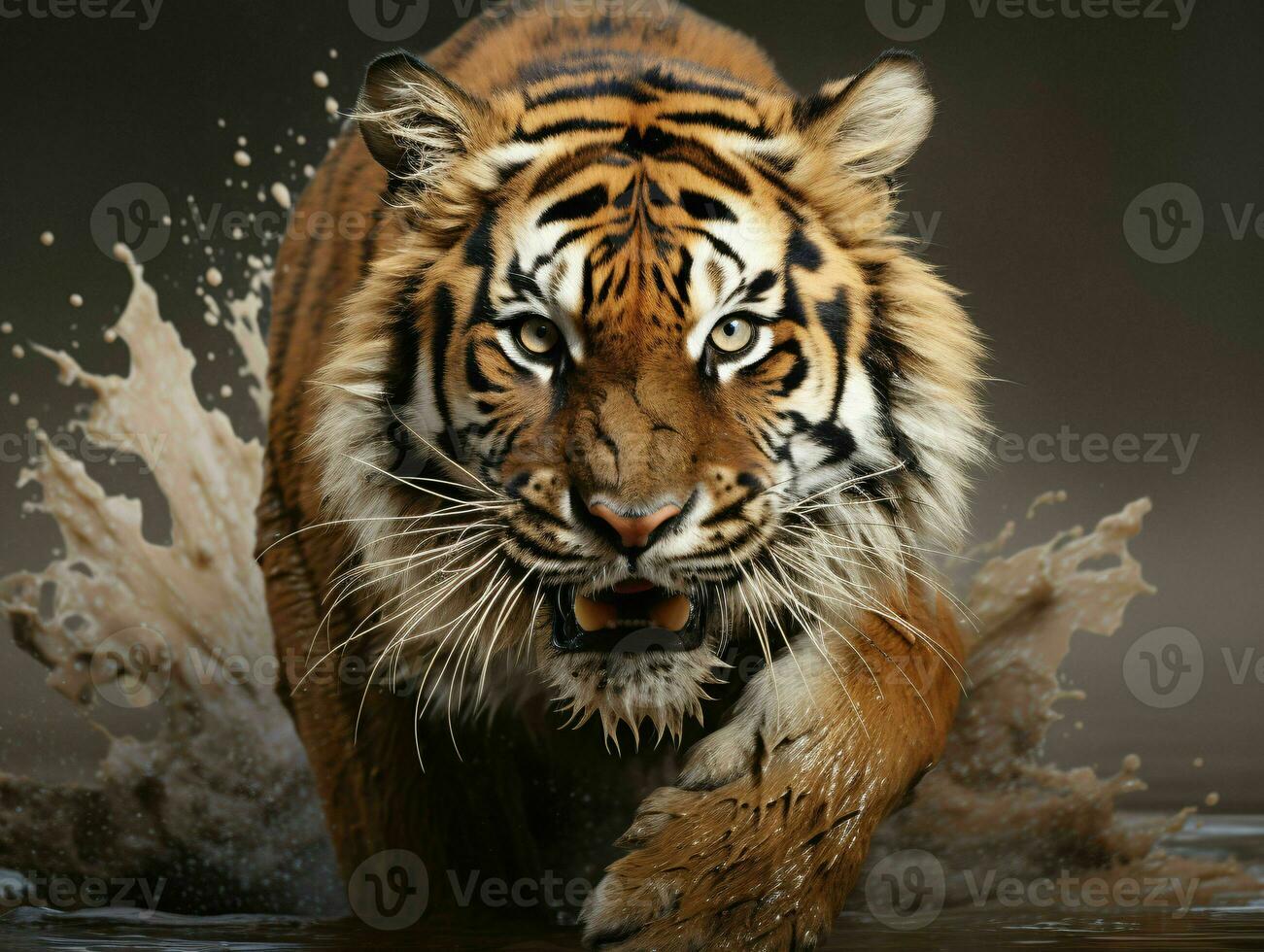 AI generated Portrait of a Ferocious Tiger Running Over the Mud. Generative AI photo