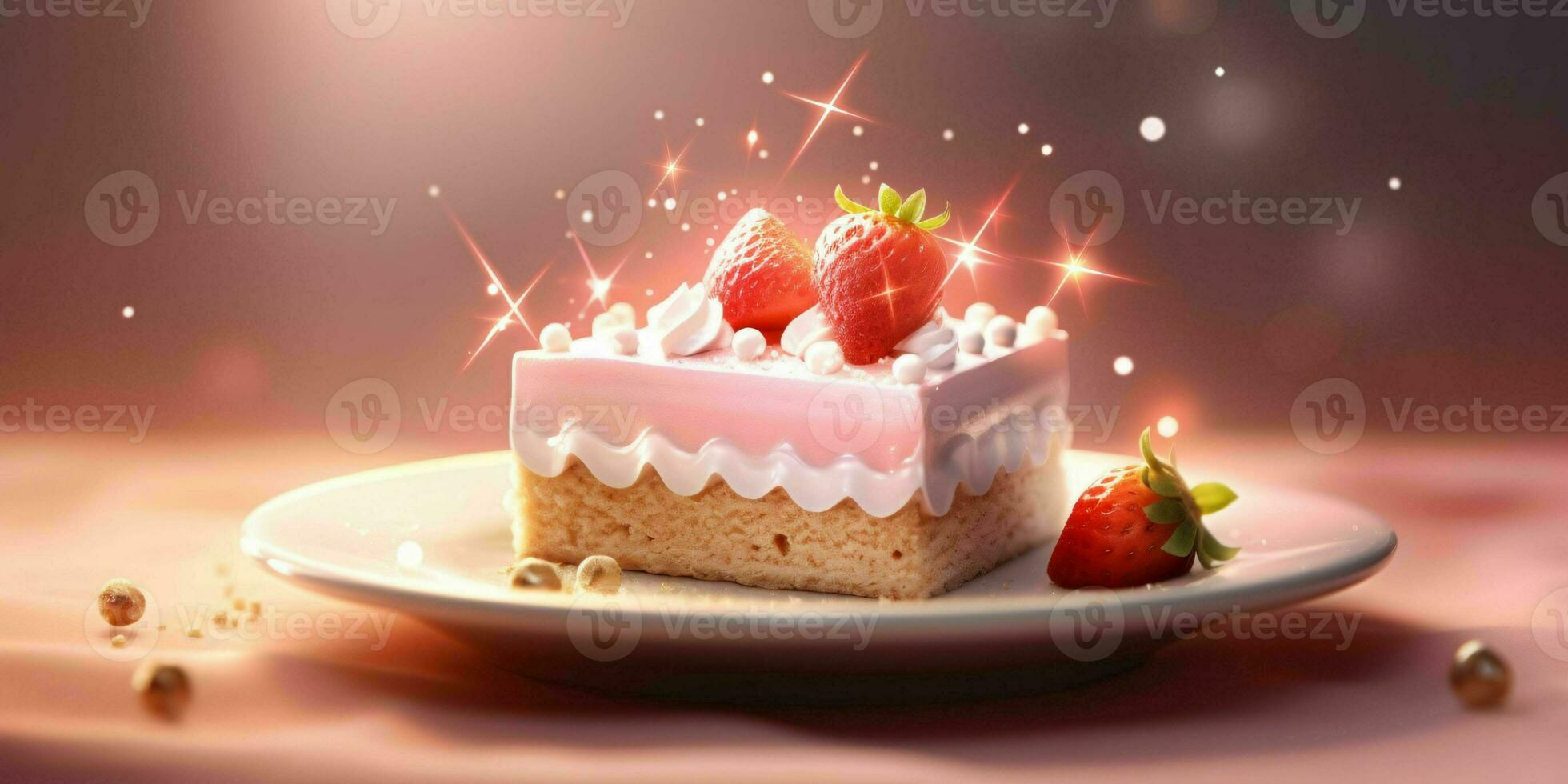 AI generated A Slice of Sweet Pink Cake with Strawberries and Cream on Top. Generative AI photo