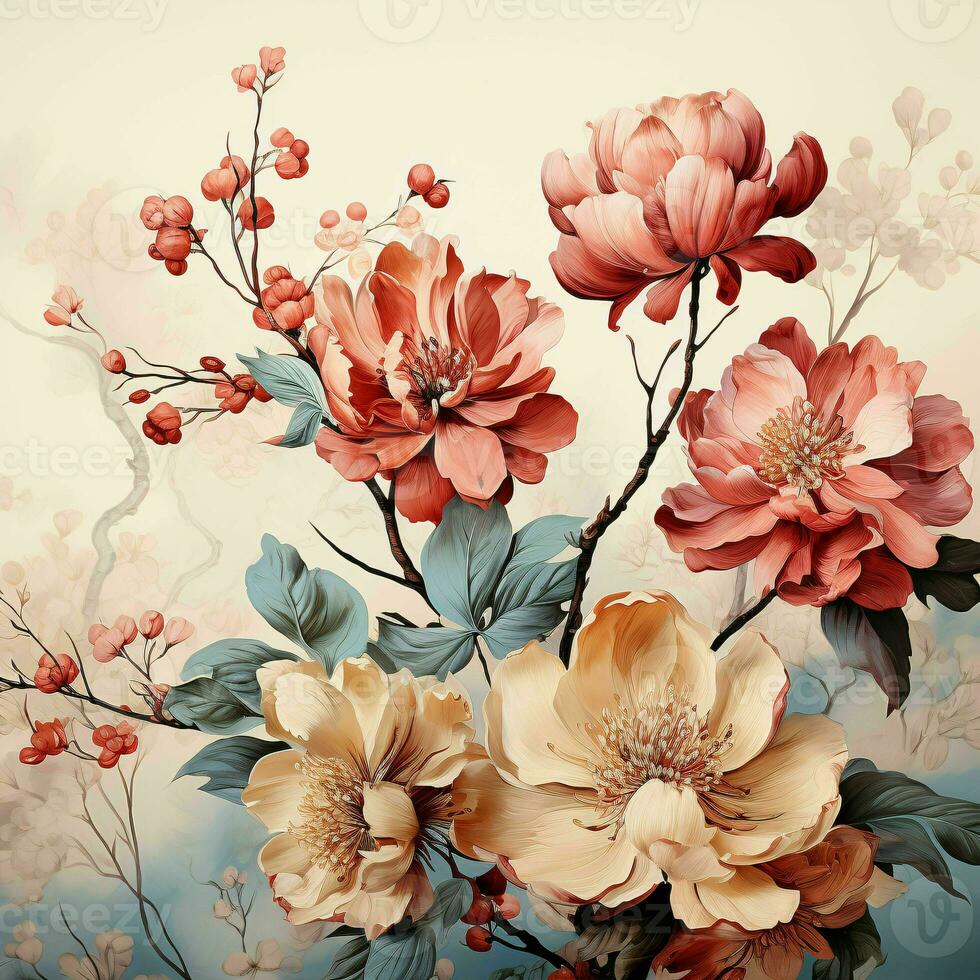 AI generated Beautiful Blooming Flowers Illustration in Vintage Art Style. Exotic Floral Background. Generative AI photo