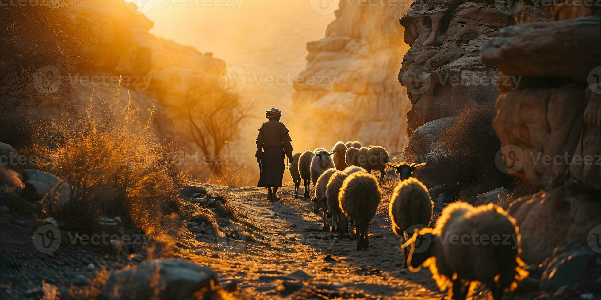 ai generado un medio oriental hombre manadas un rebaño de oveja en un Desierto Valle a puesta de sol. generativo ai foto