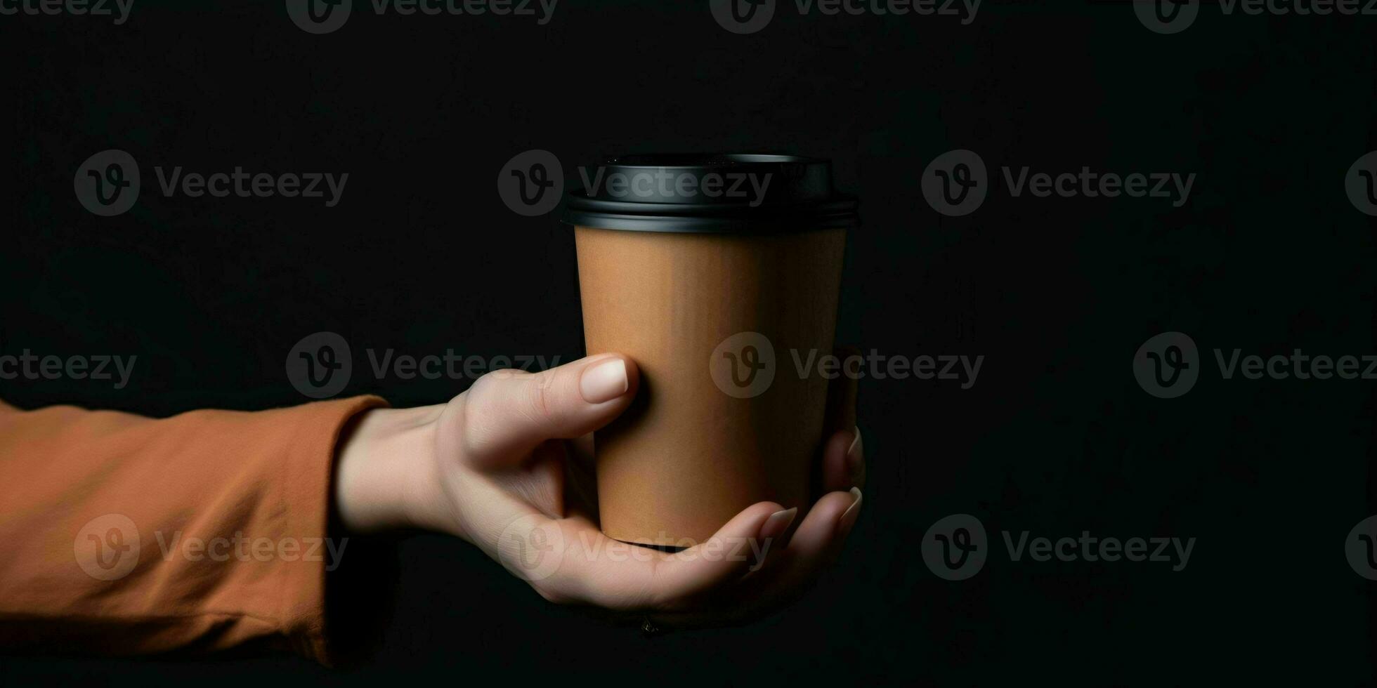 AI generated Female Hand Holding a Brown Coffee Paper Cup on Black Background. Elegant Coffee Cup Mockup. Generative AI photo