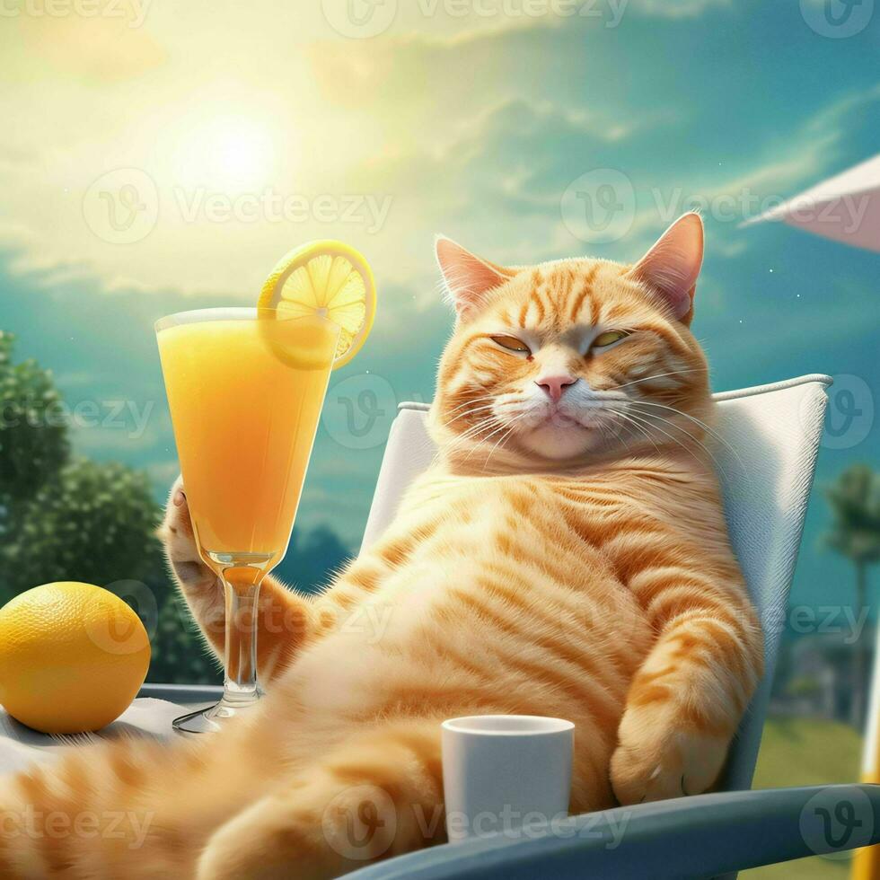 AI generated Orange Cat Chilling and Lying on a Sun Lounger Enjoying Orange Juice with Sunshine. Generative AI photo