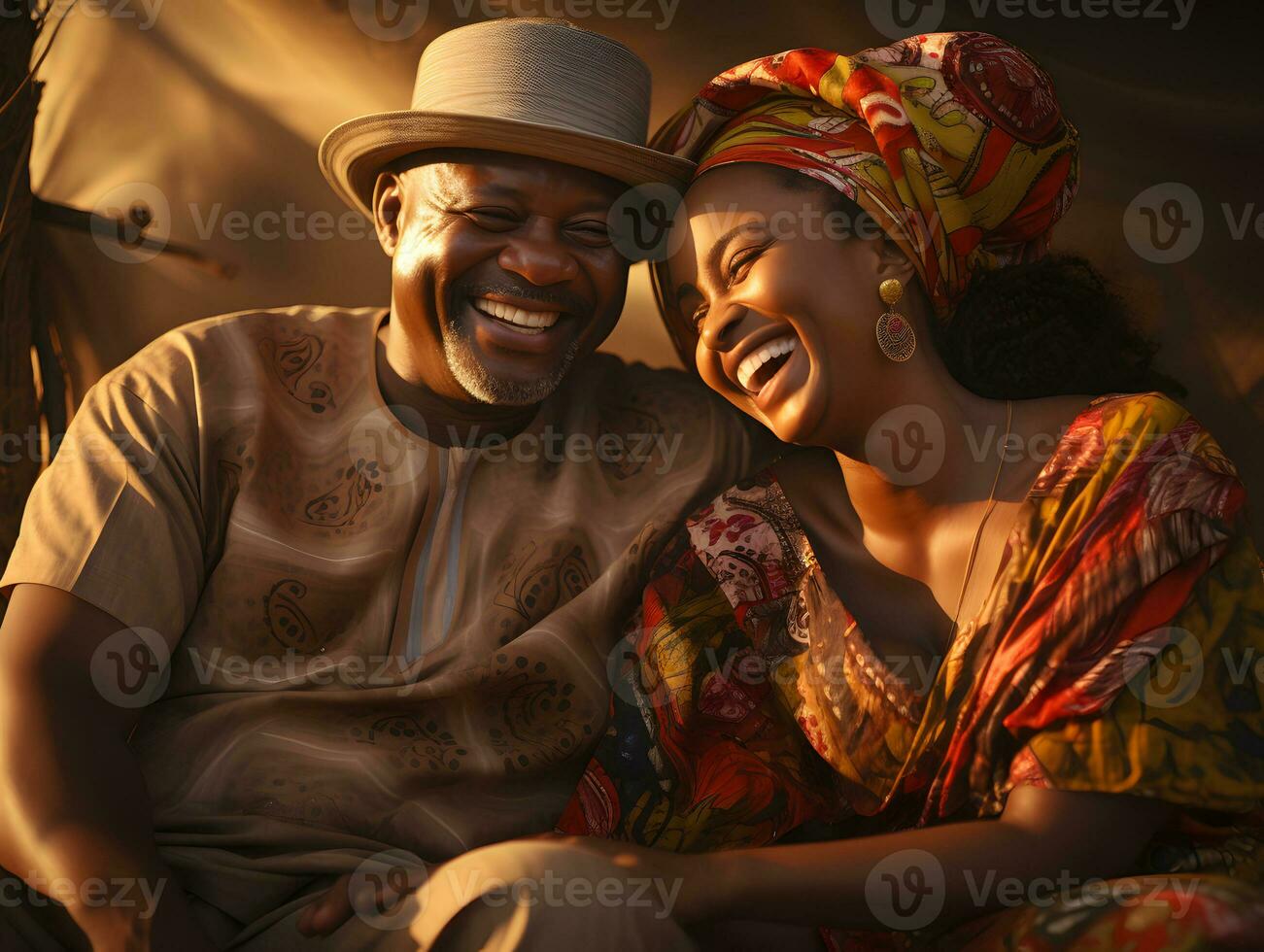 AI generated Romantic Elderly African Couple Embracing Each Other with Sunset View. Generative Ai photo