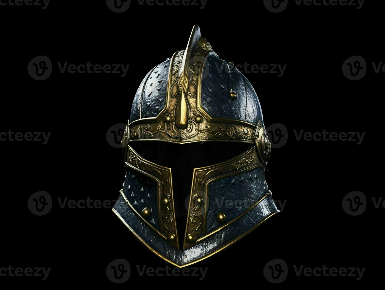 AI generated Iron Medieval War Helmet Isolated on Black Background. Generative AI photo