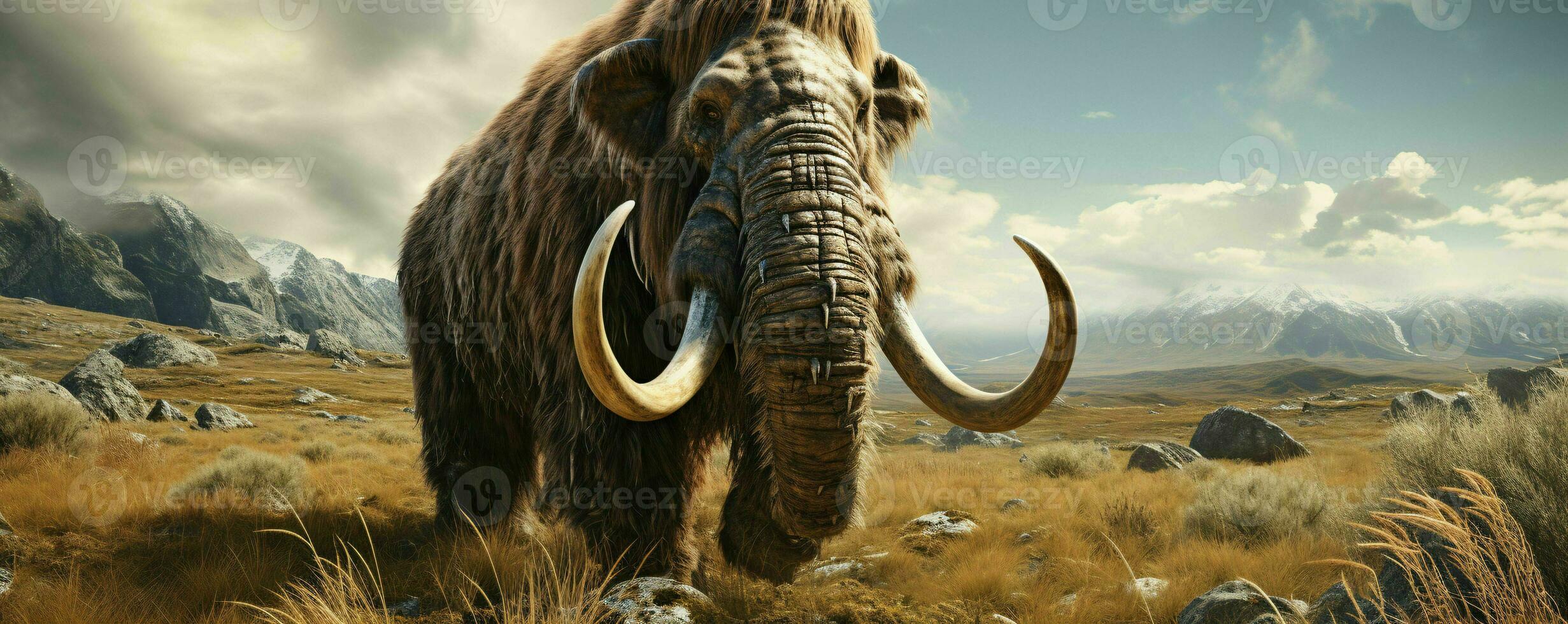 AI generated A Woolly Mammoth with Vast Pastures and Mountains Background. Generative AI photo