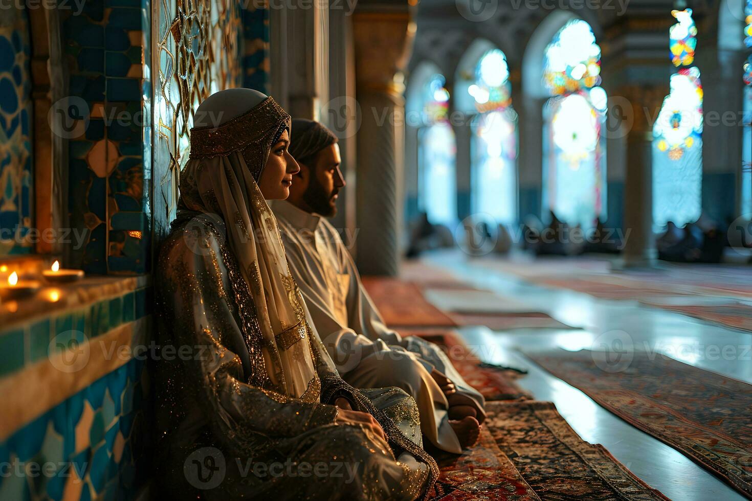 AI generated Muslim couple sitting in a mosque in traditional dress. Generative Ai photo