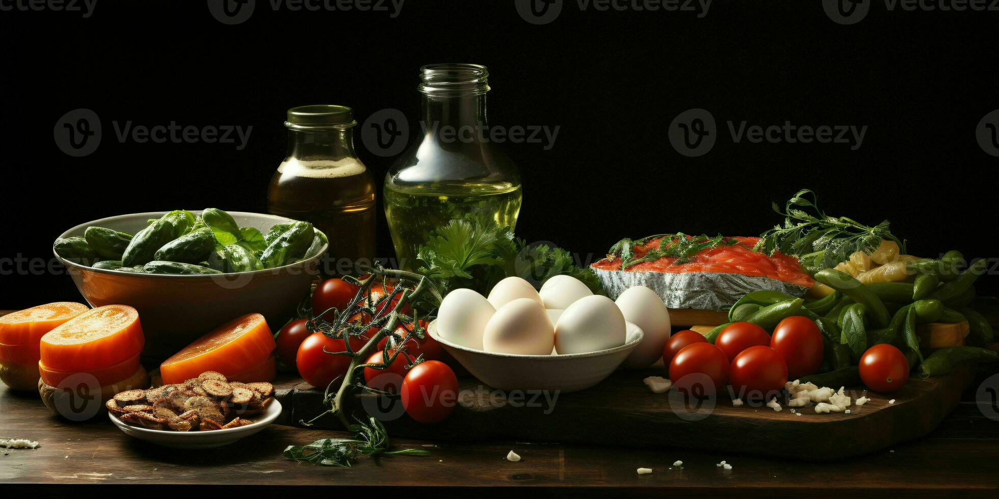 AI generated Arrangement of Raw Meat, Milk, Eggs, and Vegetables on Black Background. Generative AI photo