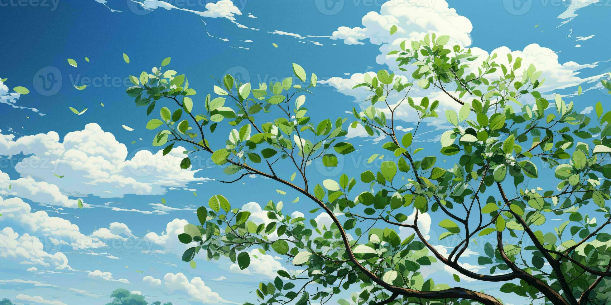 AI generated Fresh Green Leaves with Cloudy Blue Sky View. Generative AI photo