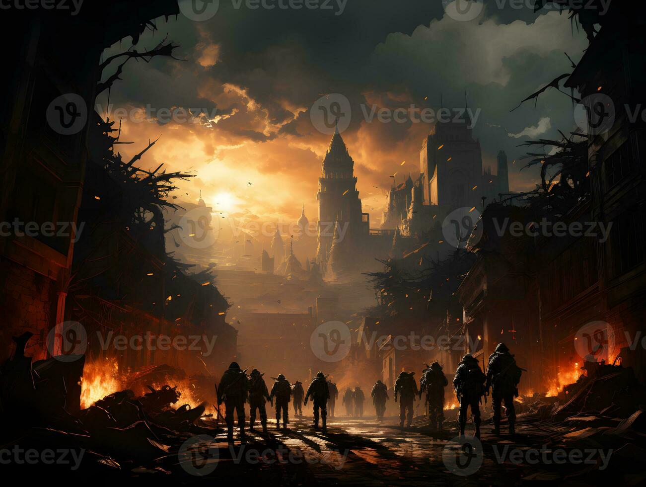 AI generated Silhouettes of Soldiers in a Ruined City Turned into a War Zone. War in the City. Generative Ai photo