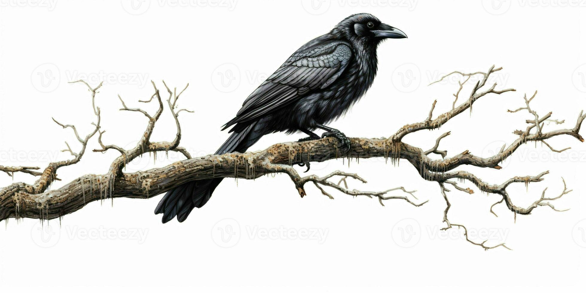 ai generado cuervo encaramado en un árbol rama aislado en blanco antecedentes. cuervo. generativo ai foto