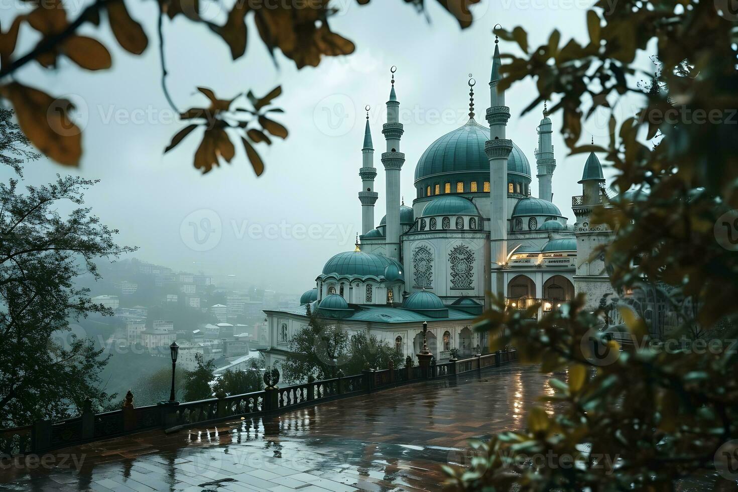 AI generated Beautiful mosque with an atmosphere after the rain, in the afternoon. Generative AI photo