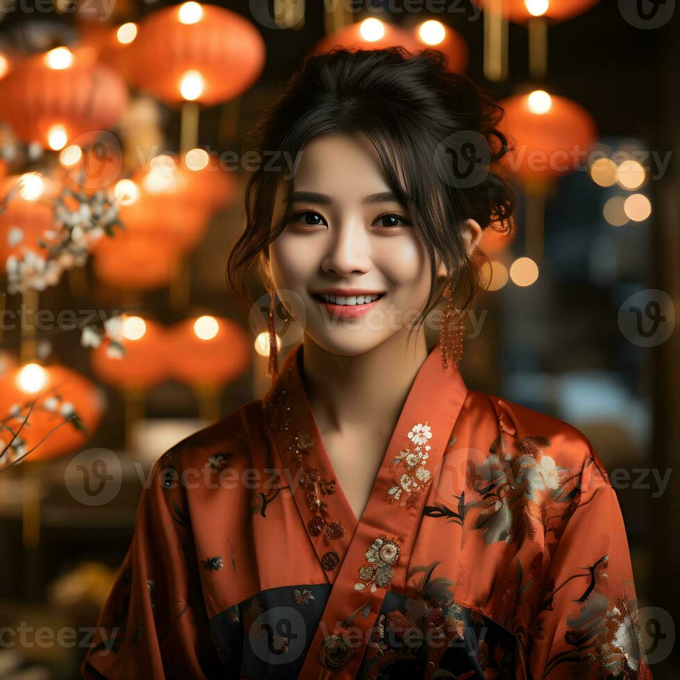 AI generated Beautiful Short Haired Asian Woman in Traditional Dress with Blurred Lantern Background. Asian Women Celebrate the Lunar New Year Festival. Generative Ai photo