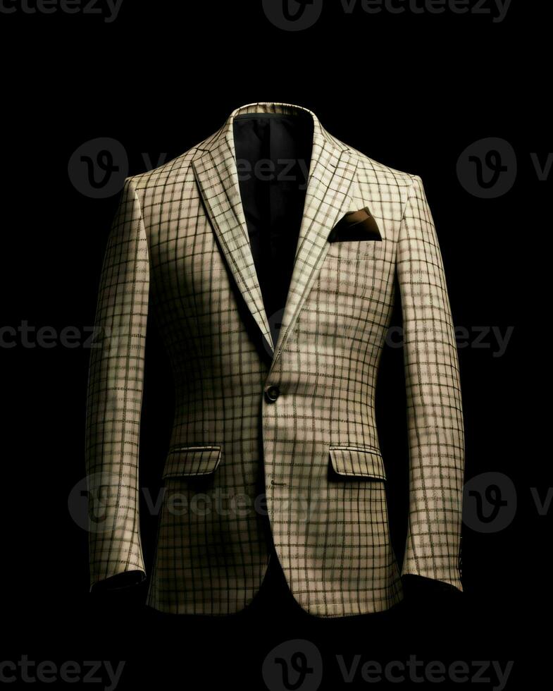 AI generated Elegant Beige Men's Suit with Gingham Motif Isolated on Black Background. Generative AI photo