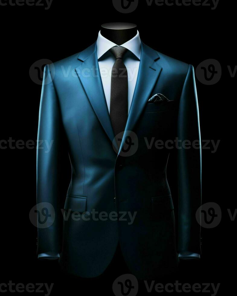 ai generado elegante azul de los hombres traje aislado en negro antecedentes. generativo ai foto