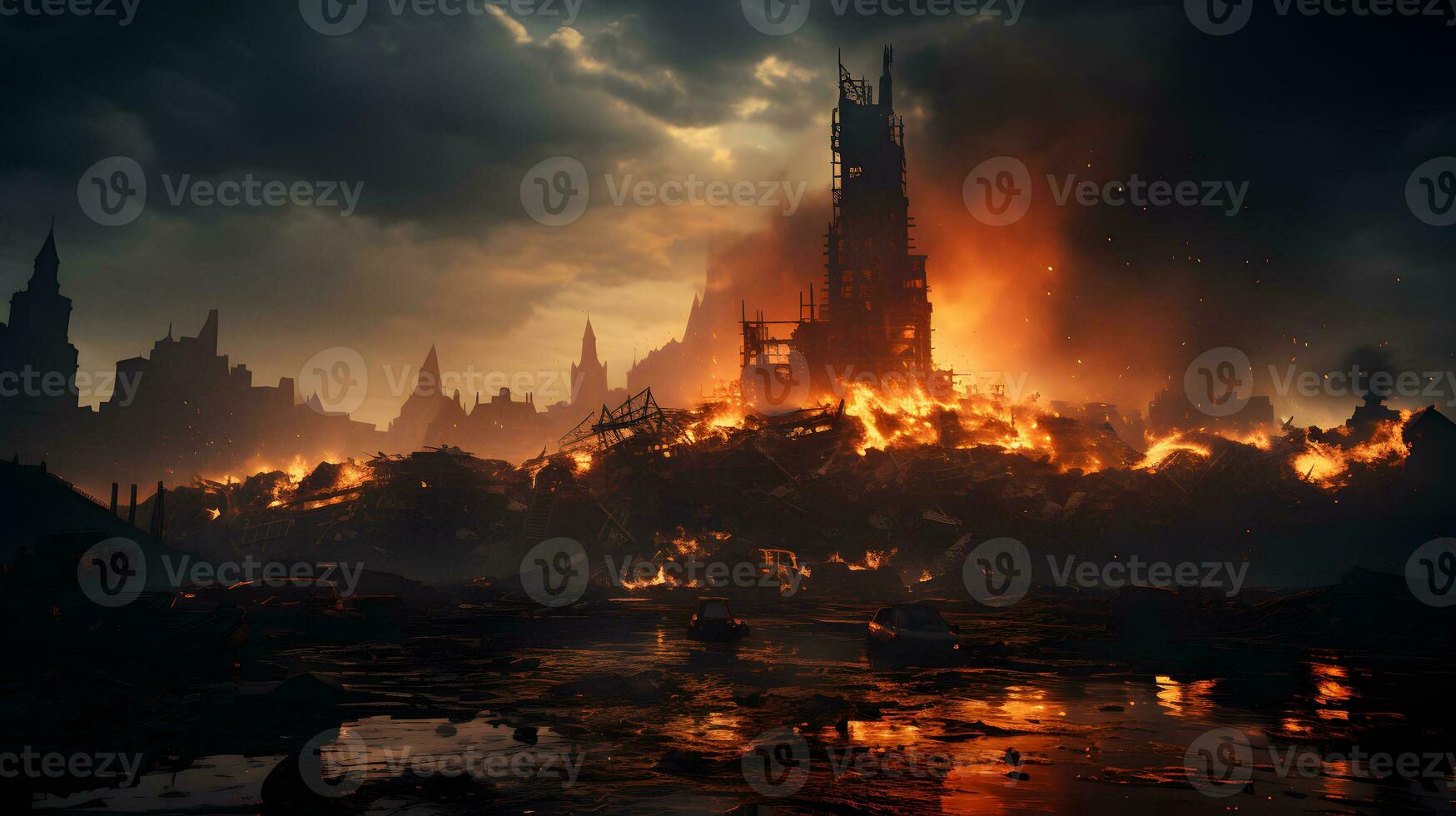 AI generated City Burns After Missile Explodes During War. Doomsday Disaster. Generative Ai photo