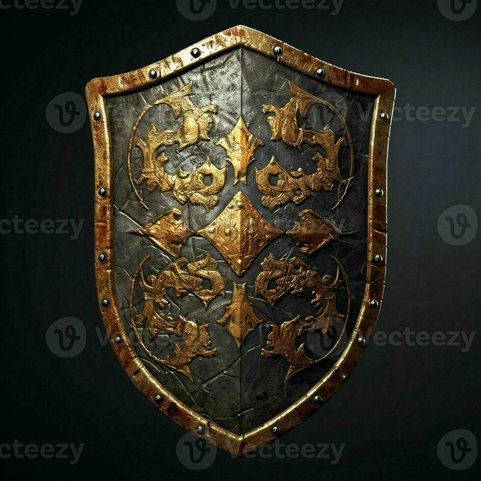 AI generated Rusty Medieval Shield with War Torn Effect Isolated on Black Background. Generative AI photo