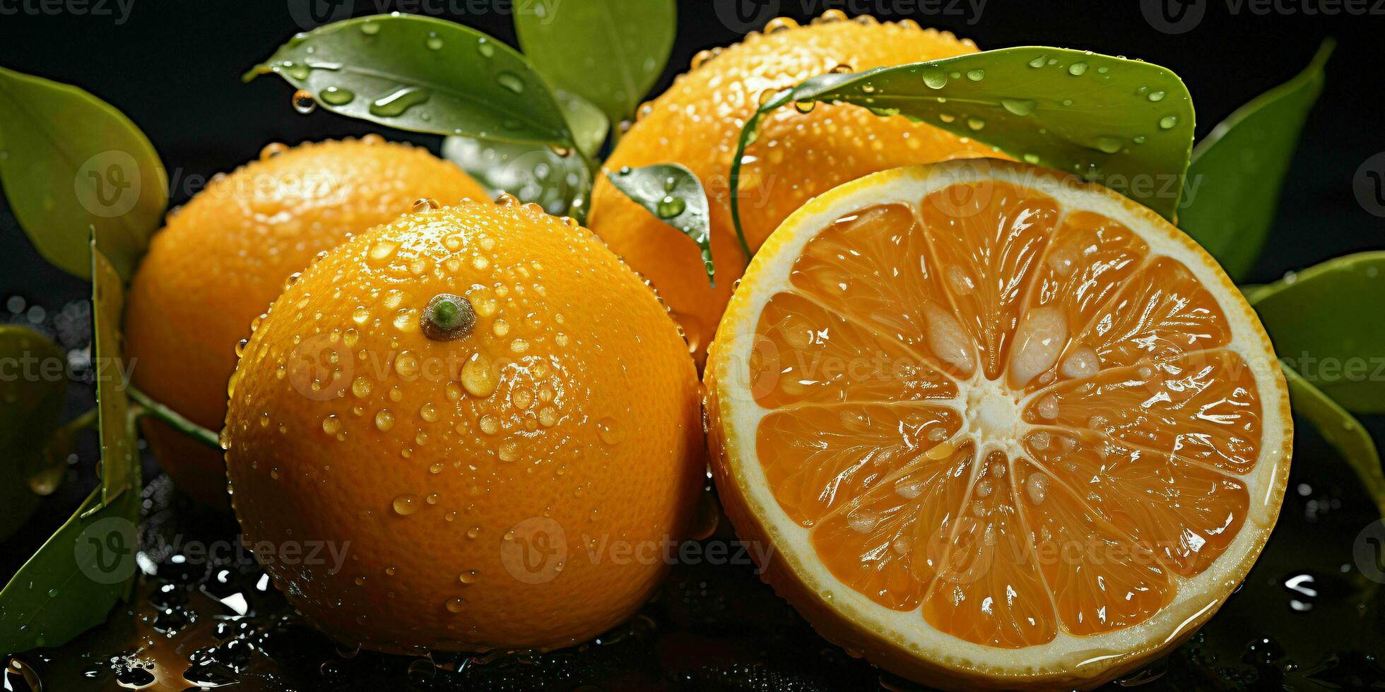 AI generated Fresh Oranges with Water Droplets Isolated on a Black Background. Generative AI photo