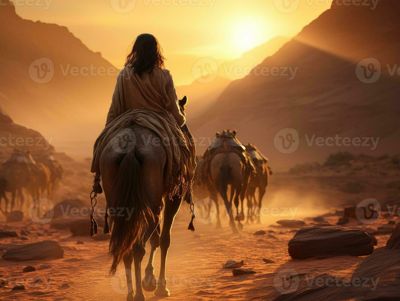 AI generated Beautiful Veiled Women Traveling in the Desert with Sunlight Effect. Generative AI photo