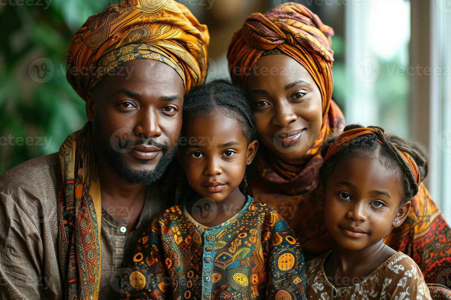 ai generado retrato de un contento africano musulmán familia en tradicional ropa. generativo ai foto