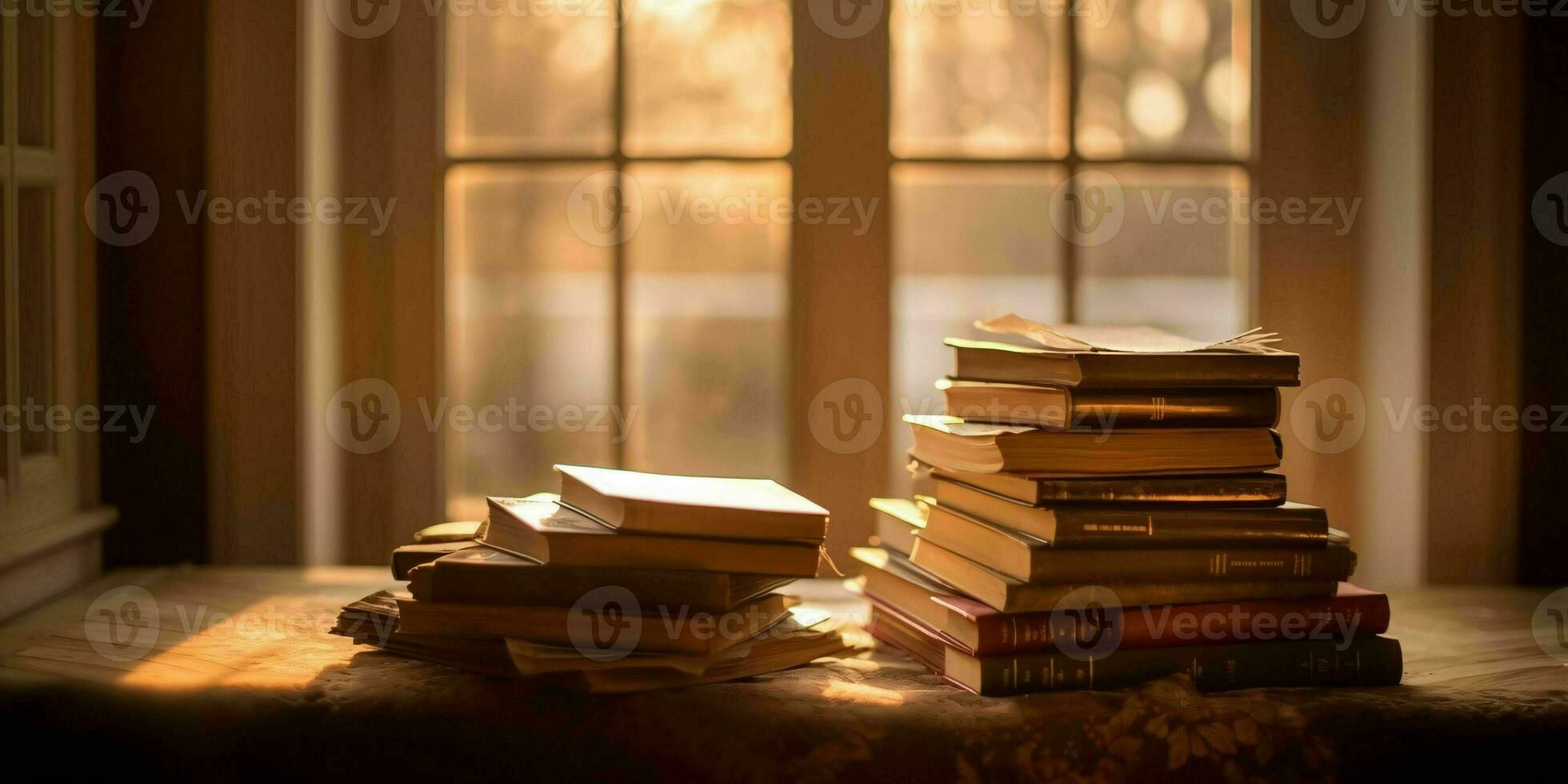 AI generated Stack of Books on a Wooden Table with Window and Sunlight in the Background. Generative AI photo