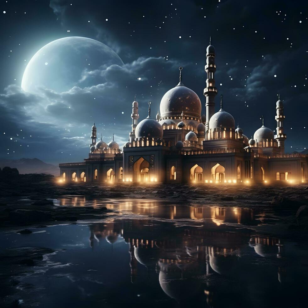 AI generated Elegant Mosque Illustration at Night with Big Moon and Fantasy Sky. Generative Ai photo
