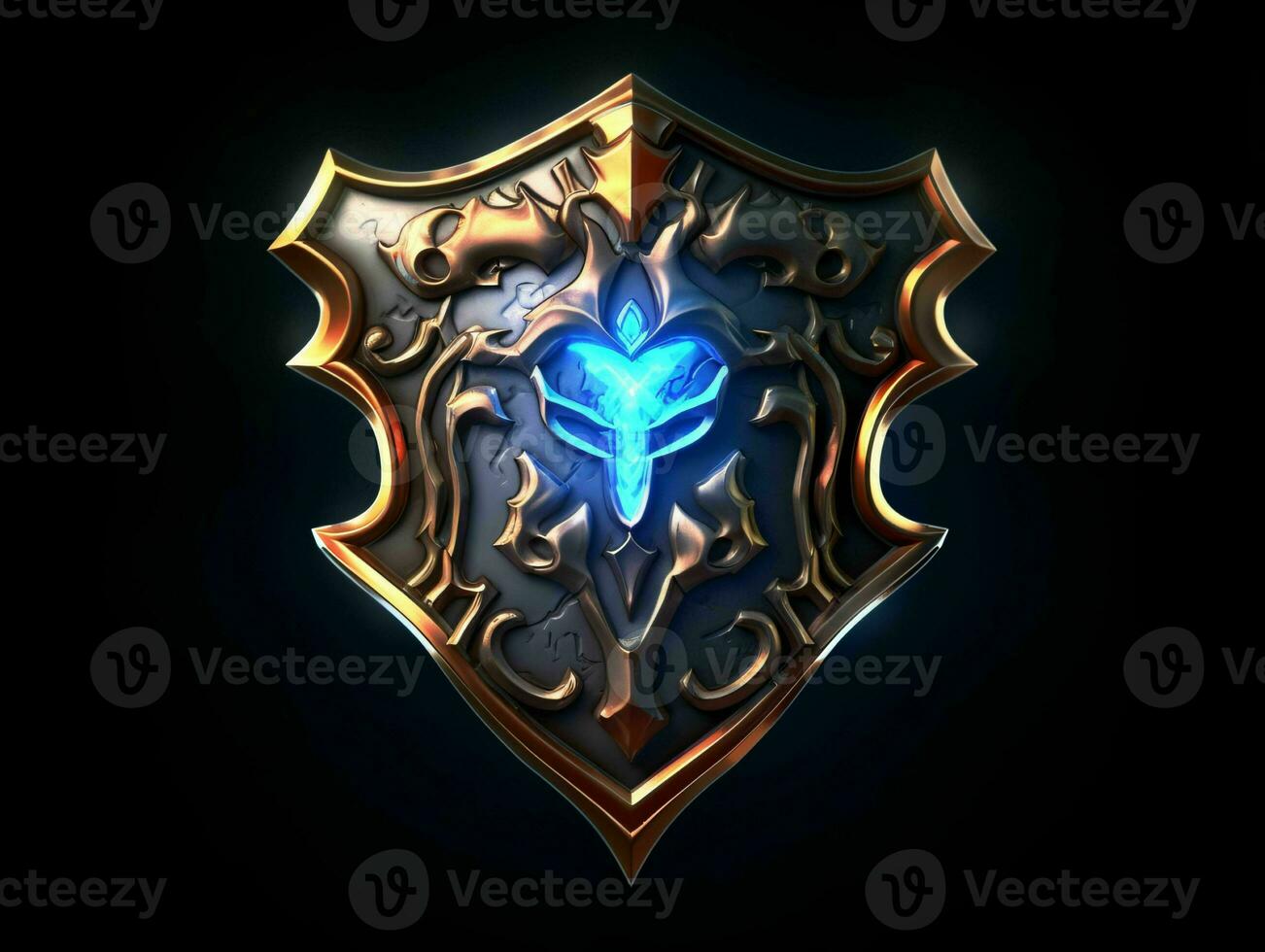 AI generated Fantasy Medieval Shield Isolated on Black Background. Shield with Game Style. Generative AI photo