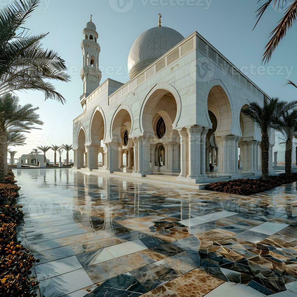 AI generated Beautiful Minimalist White Mosque in the Desert with Palm Tree and Sky Views. Generative AI photo