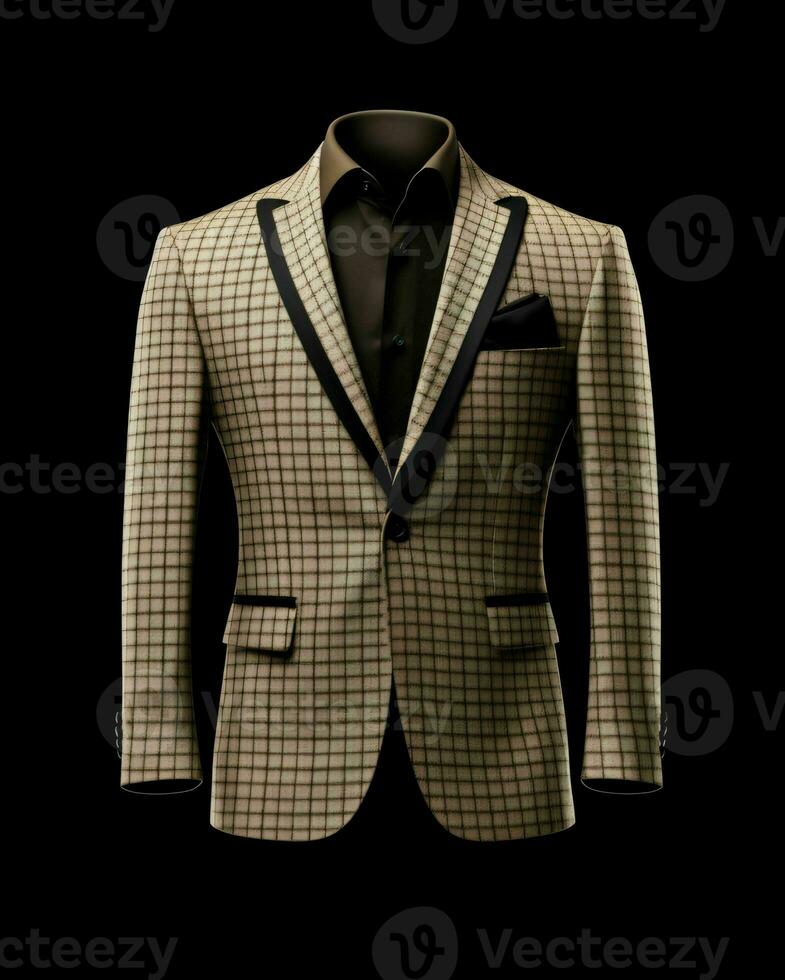 AI generated Elegant Beige Men's Suit with Gingham Motif Isolated on Black Background. Generative AI photo