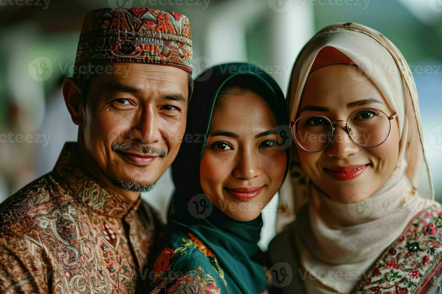 AI generated Portrait of a Happy Asian Muslim Family in Traditional Clothes. Generative AI photo