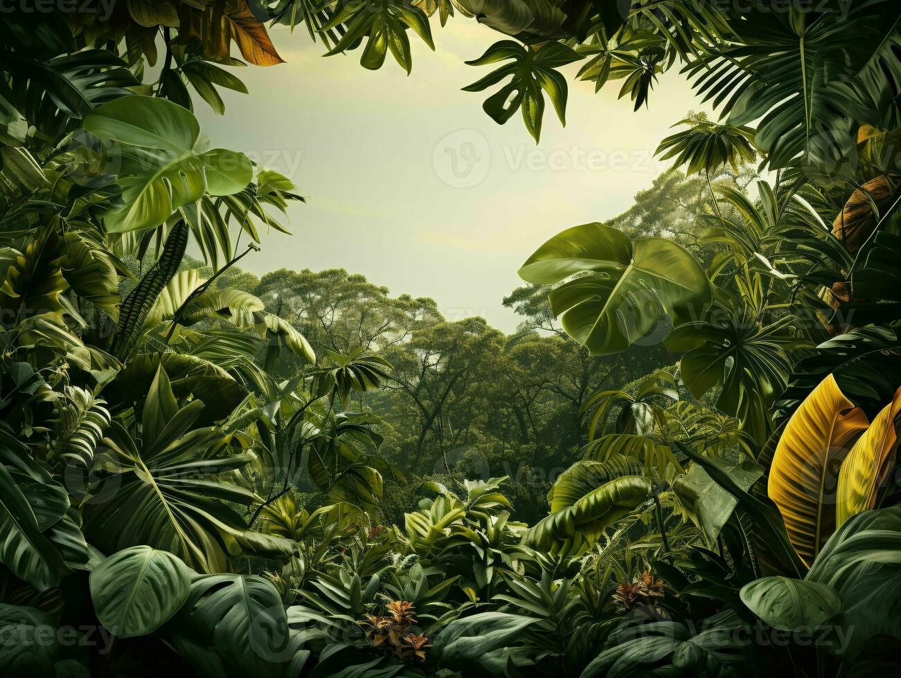AI generated Exotic Tropical Leaves Background with Copy Space in The Center. Generative AI photo