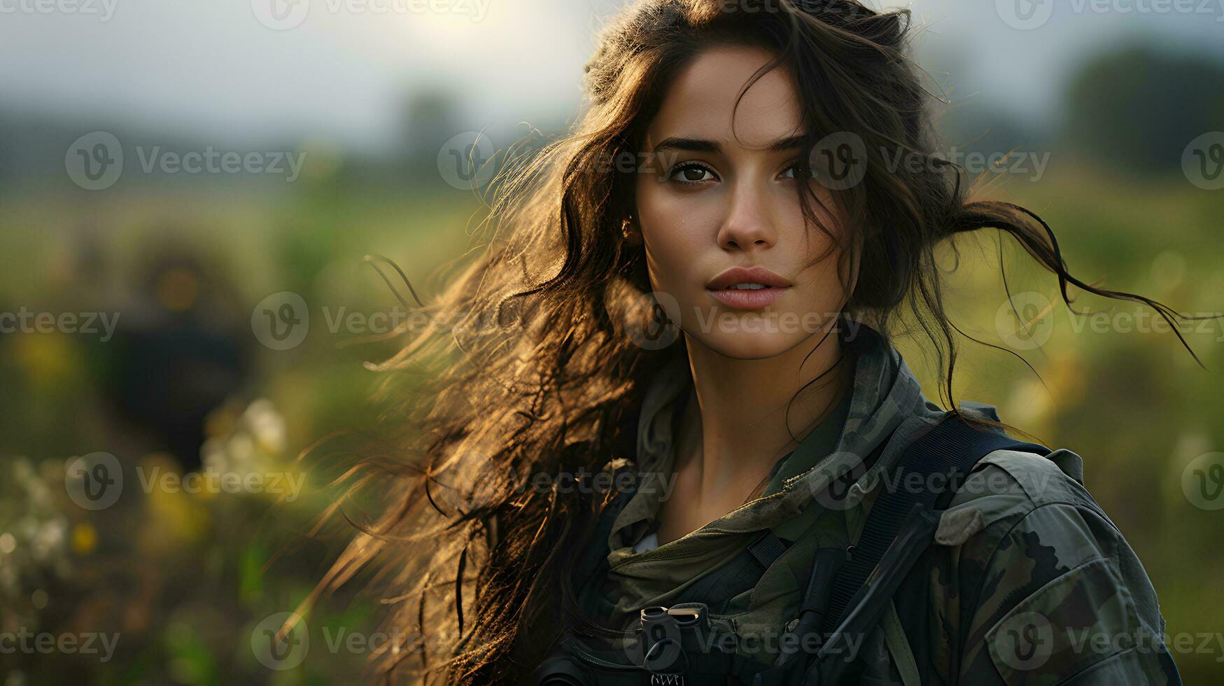 AI generated Portrait of a Long Haired Female Soldier in the Grassland. Women in Military Uniform. Generative Ai photo
