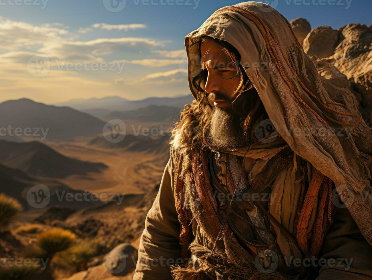 ai generado un barbado y de pelo largo medio oriental hombre vistiendo un Pañuelo en el desierto. generativo ai foto