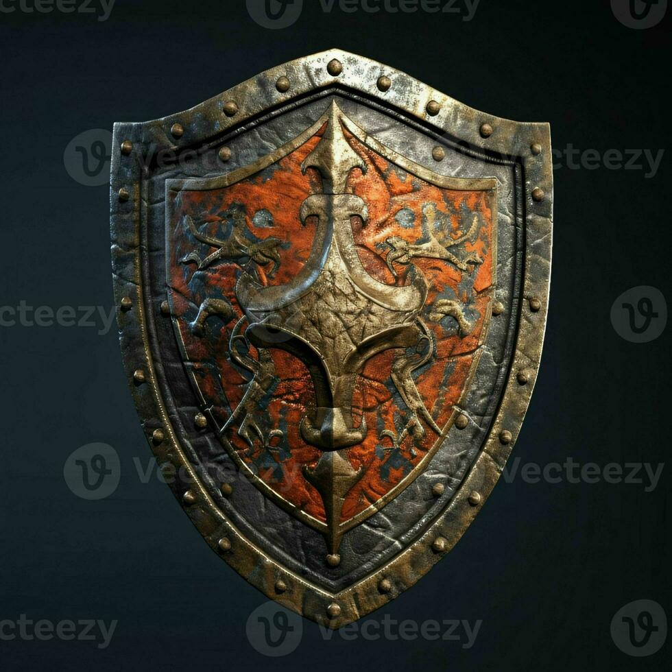 AI generated Rusty Medieval Shield with War Torn Effect Isolated on Black Background. Generative AI photo