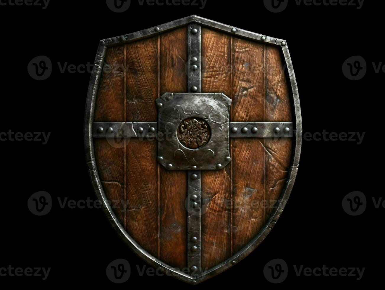 AI generated Medieval Wooden Shield with War Torn Mark. Generative AI photo