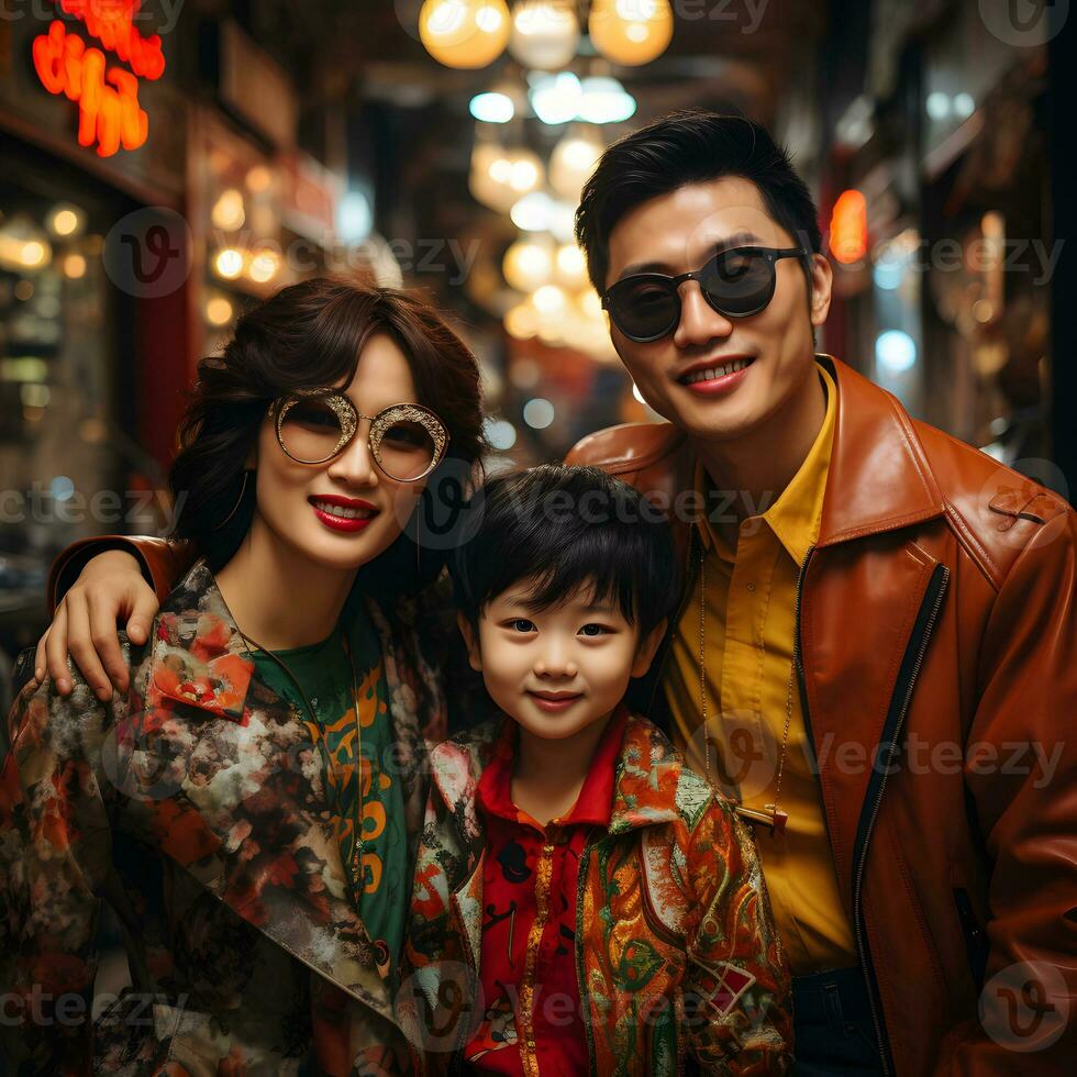 AI generated Portrait of a Small Happy Asian Family in Retro Fashion Style. Generative Ai photo