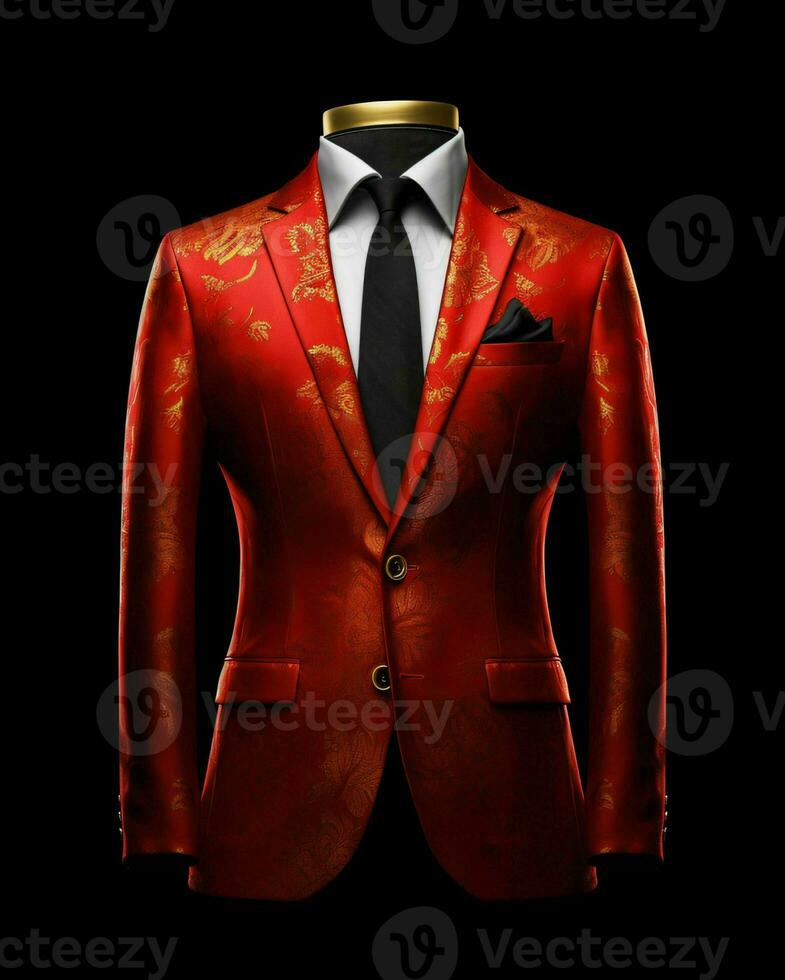 AI generated Luxury and  Elegant Red Men's Suit with Abstract Motif Isolated on Black Background. Generative AI photo