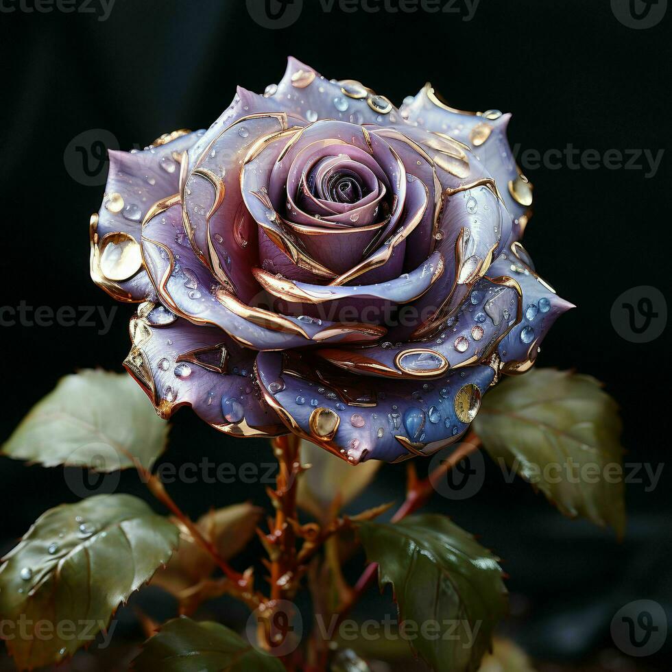 AI generated Purple and Gold Glass Rose Flower with Water Droplets on it Isolated on Black Background. Generative AI photo