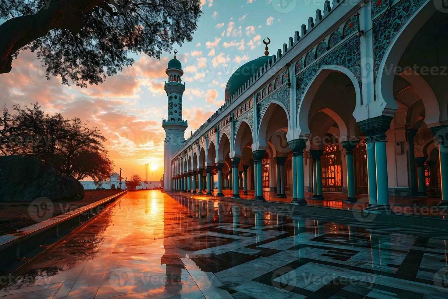 AI generated A Magnificent Mosque with a Beautiful Sky View at Sunset. Generative AI photo